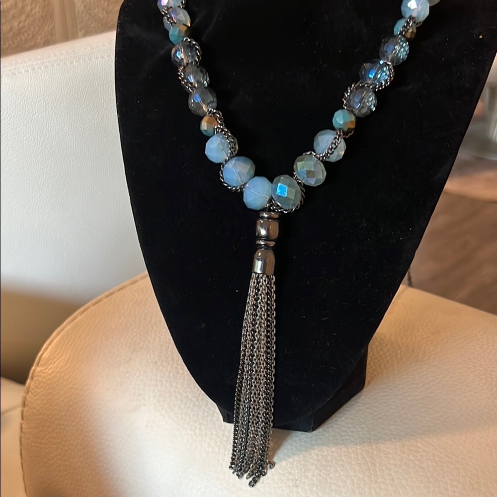 Elegant Blue Beaded Necklace with Tassel